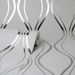 Platinum Rosco Foil Wave Silver Wallpaper -Modern Rugs Home 30756993 alt02