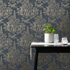 Dunelm Archive Pagoda Navy Wallpaper