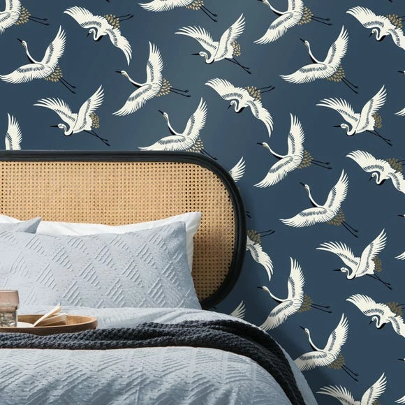 Dunelm Flying Cranes Navy Wallpaper 3 Dunelm Flying Cranes Navy Wallpaper